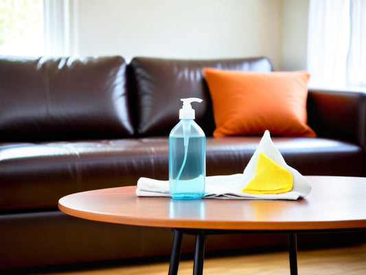 using a leather cleaner applying it gently in circular motions with a cloth on a sofa