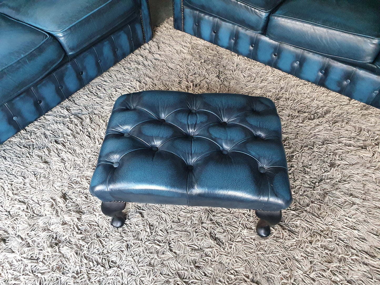 Real Leather Chesterfield Sofa Set Antique Blue