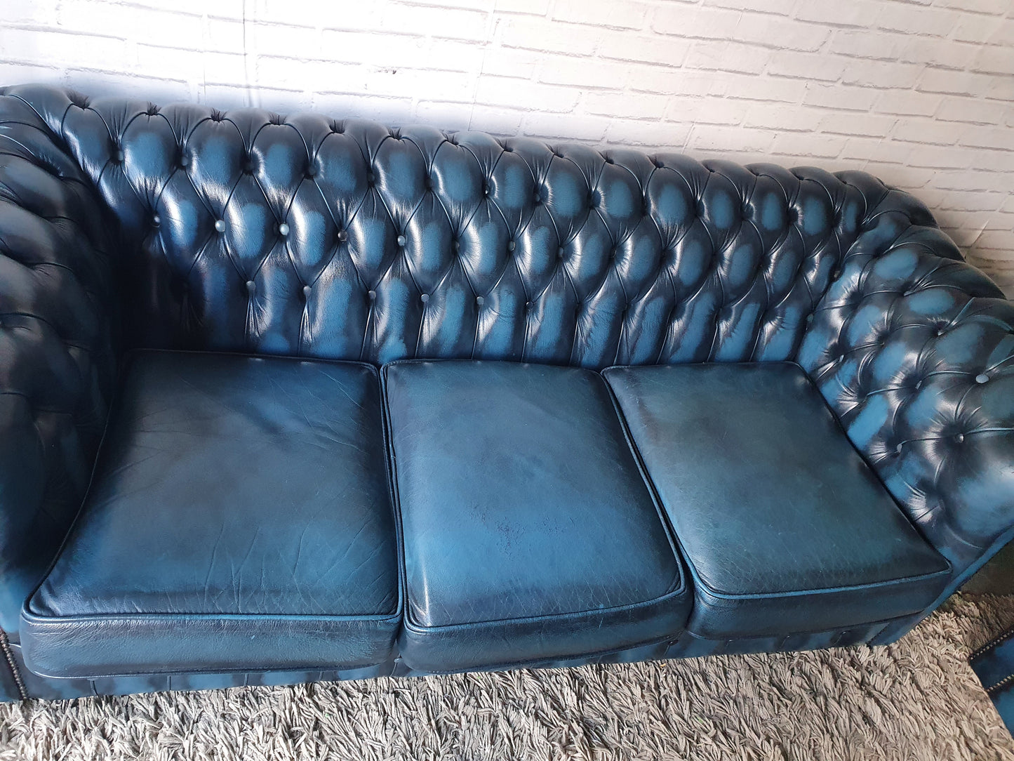 Real Leather Chesterfield Sofa Set Antique Blue