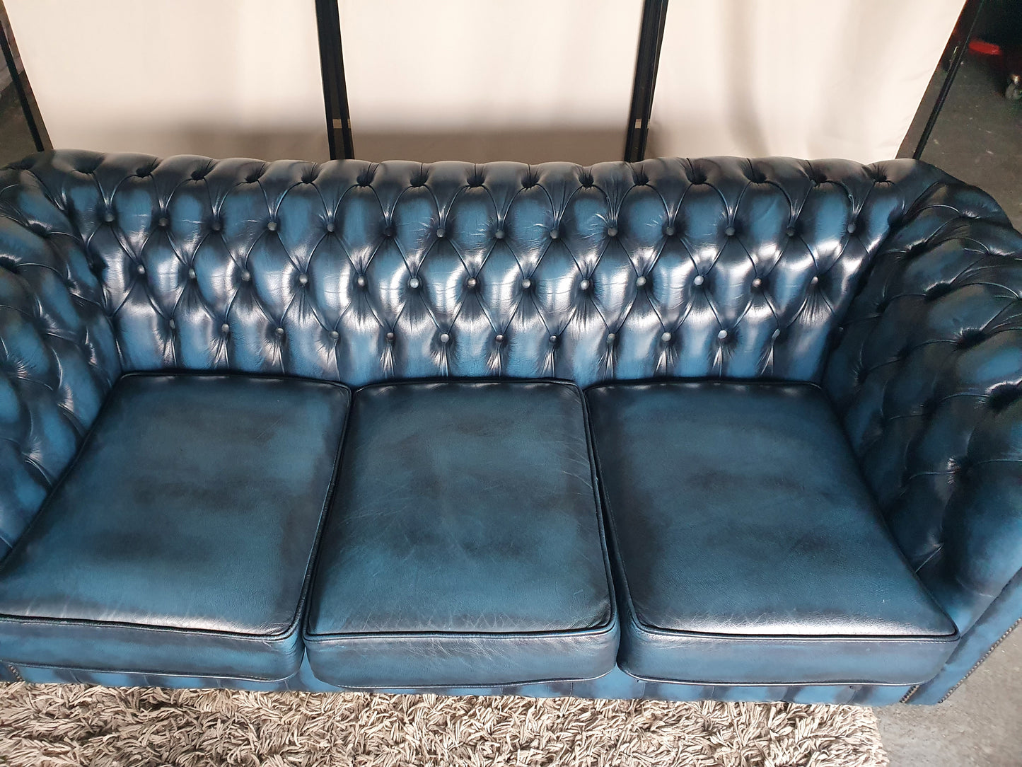 Real Leather Chesterfield Sofa Set Antique Blue