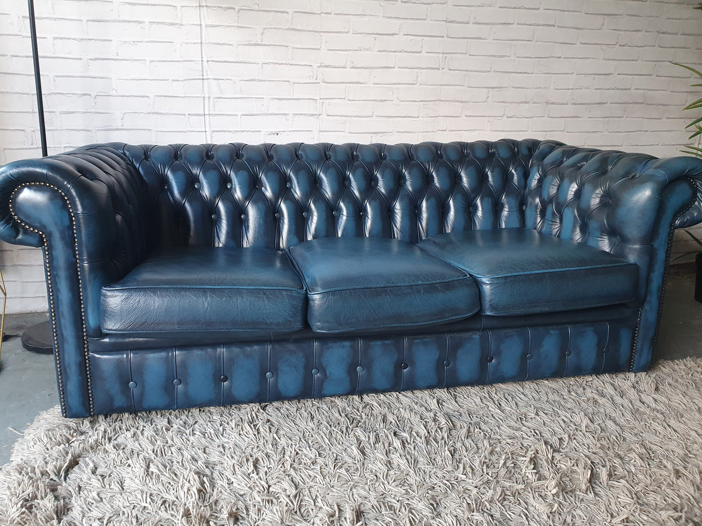 Real Leather Chesterfield Sofa Set Antique Blue