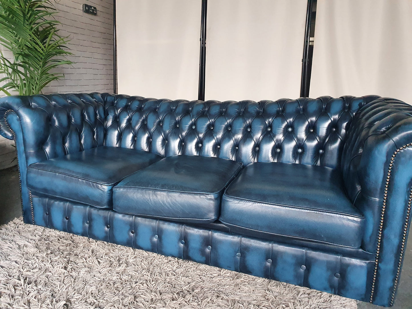 Real Leather Chesterfield Sofa Set Antique Blue